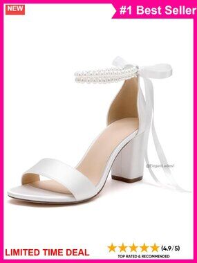 Pearl Satin Block Heel Bridal Sandals Ankle Strap Wedding Heels